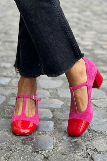 talons chunky violets à bout rond et bride en T à boucle color block.