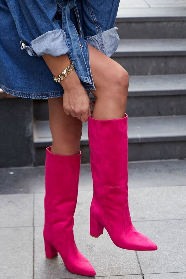 Raphaëlle | Bottes Fuchsia en Suédine à Talon Carré et Patchwork