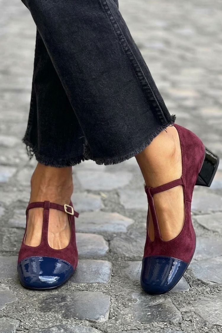 talons chunky violets à bout rond et bride en T à boucle color block.