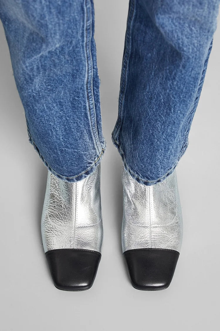 Gabrielle | Bottines Argentées à Bout Carré Contrasté