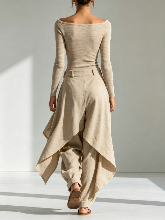 Giuliana | Ensemble Top Col Bateau et Pantalon Large Beige