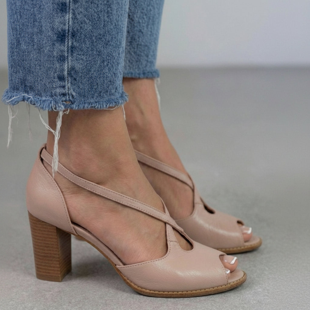 Sandales élégantes Rose Poudré et Rose à bout ouvert avec brides croisées et talon bloc