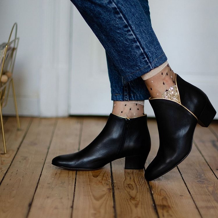 Héloïse | Bottines Noires Pointues à Zip et Empièces