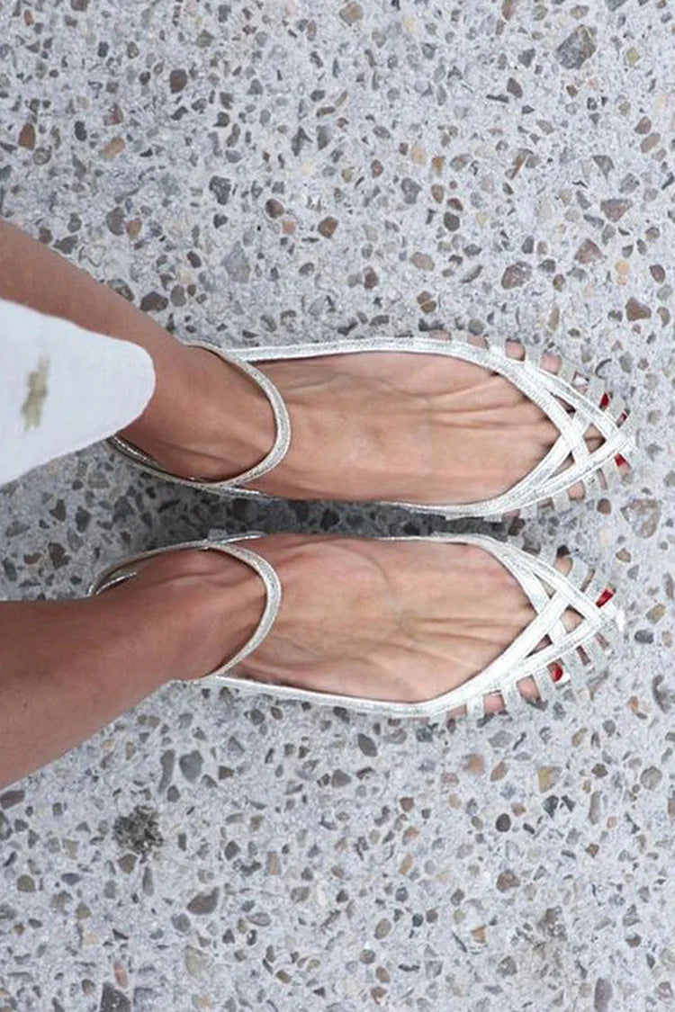 Sandales à découpes Argent à bout rond avec bride cheville