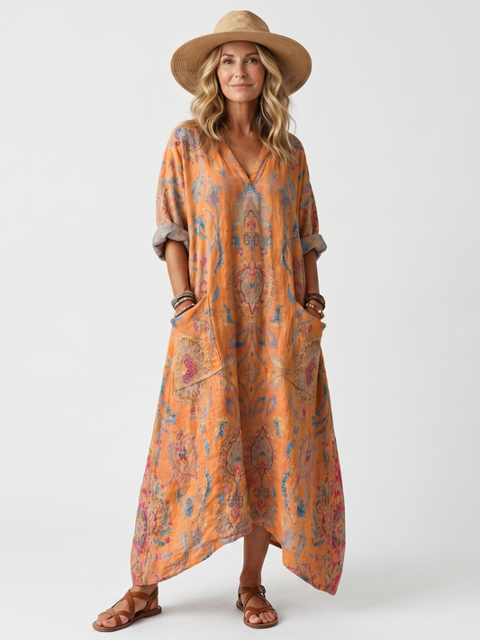 Antonella | Robe Midi Oversize Imprimée à Poches et Col Cranté