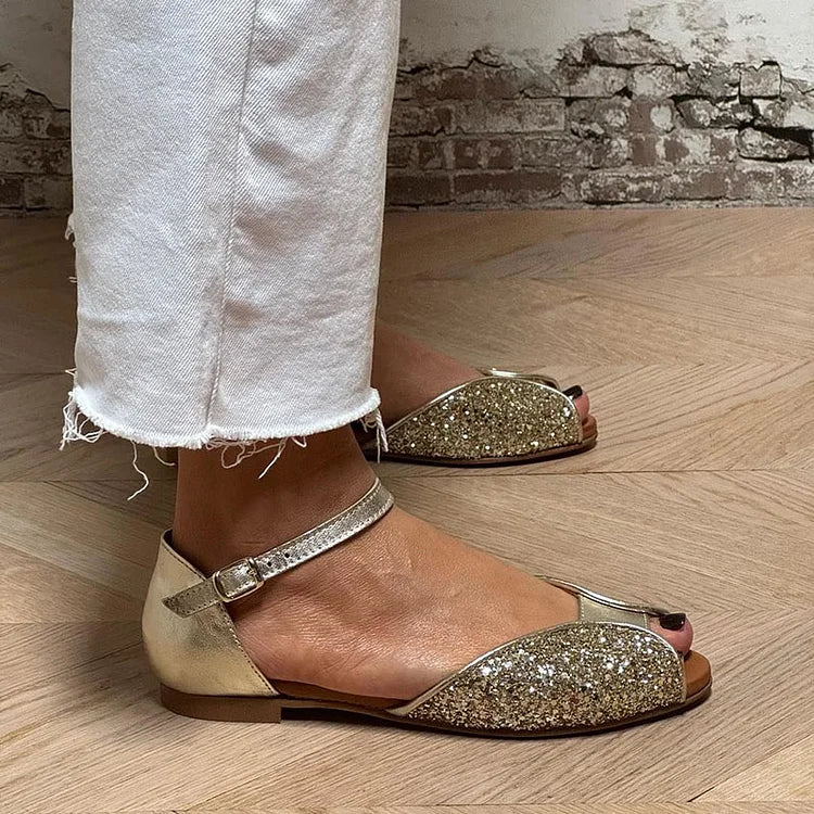 Sandales peep toe pailletées patchwork Or avec bride cheville et boucle