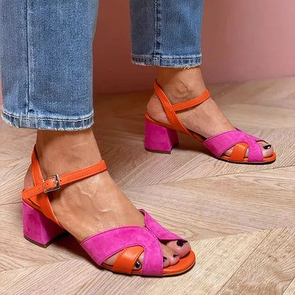 Talons larges peep toe color block patchwork avec bride cheville