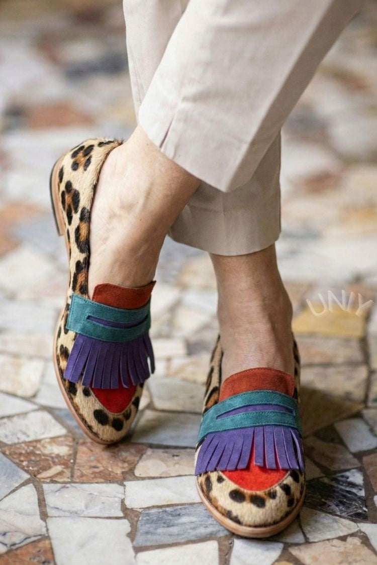 Gisèle | Mocassins Penny Rétro Léopard Color Block à Franges