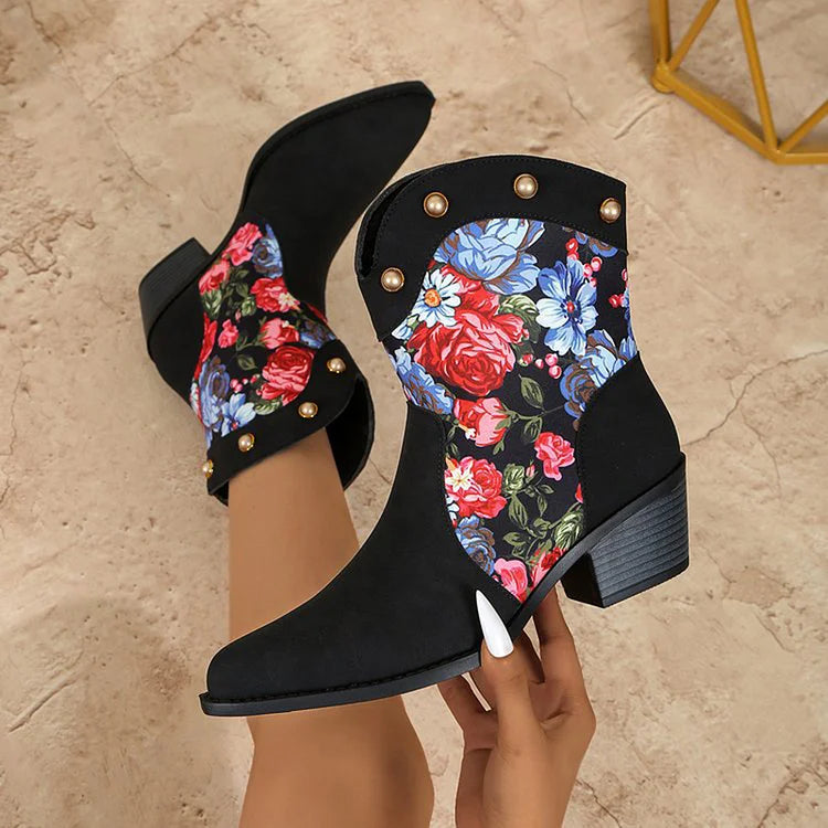Hortense | Bottes Western Cloutées à Patchwork Fleuri
