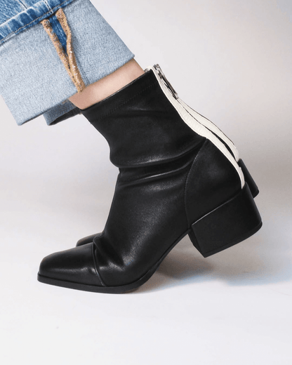 Bottines color block Noir à bout carré avec zip et petit talon bloc