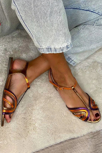 Sandales peep toe Multicolore et Or avec boucle et bride en T