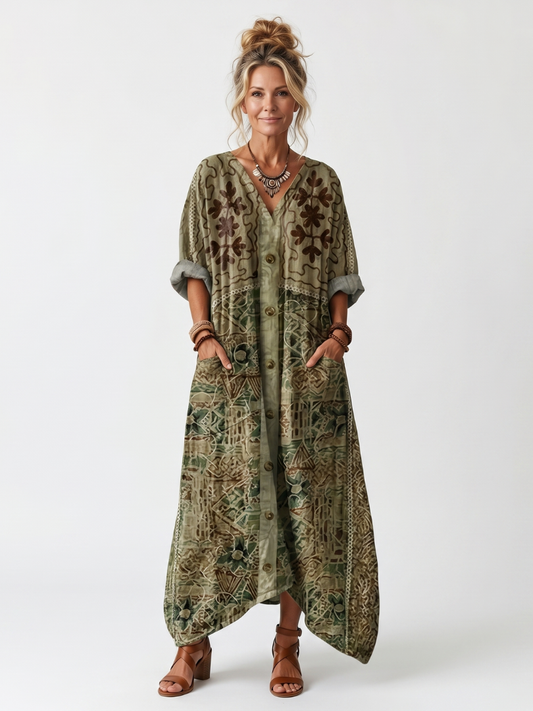 Caterina | Robe Midi Oversize Brodée à Boutons et Poches