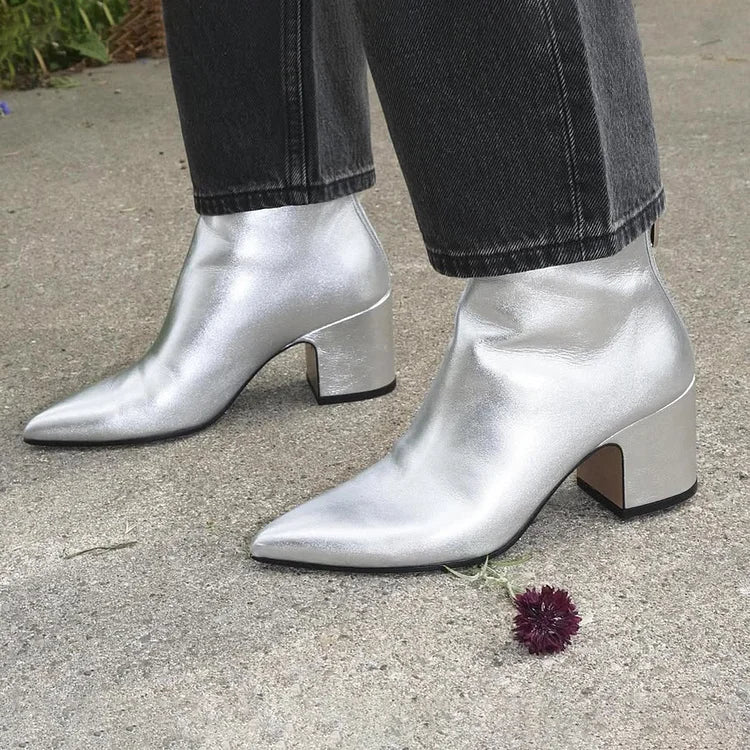 Danièle | Bottes Argentées Pointues à Talon Épais