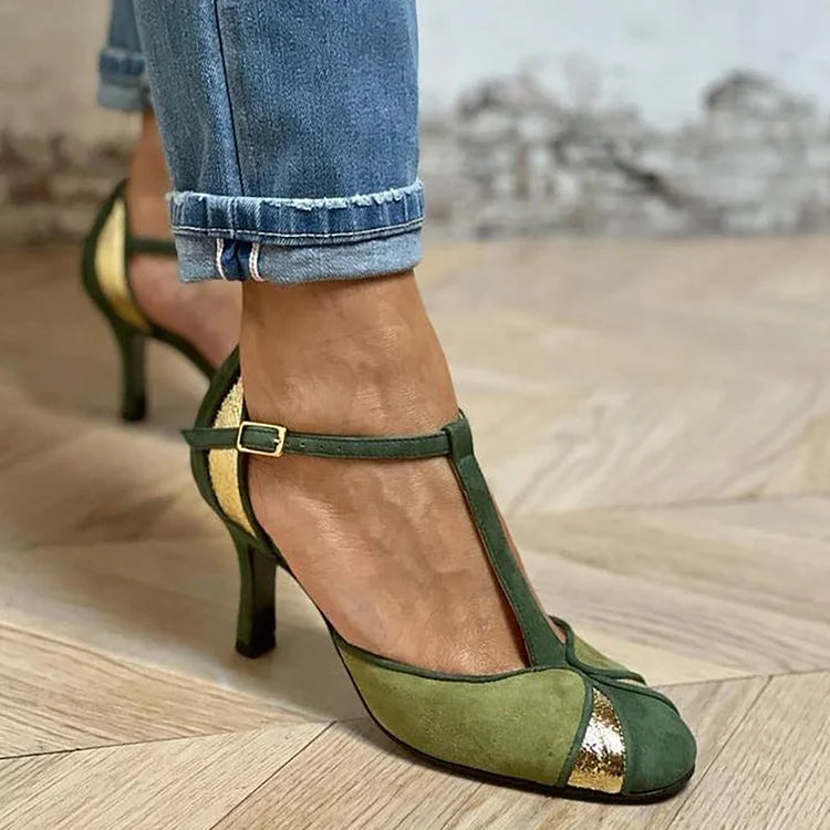 Talons aiguilles patchwork à bout fermé avec boucle et bride en T