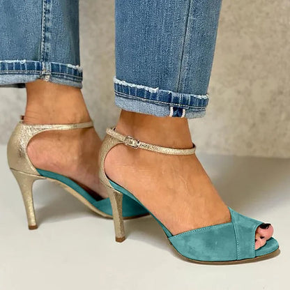 Talons aiguilles à bout ouvert pailletés avec bride cheville et boucle