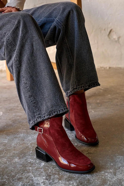 Viviane | Bottes Bordeaux à Empiècements Bout Rond Talon Épais et Zip