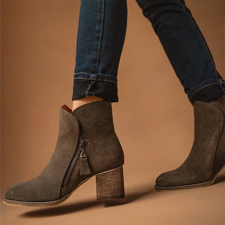 Domitille | Bottines Marron Foncé à Talon Épais et Surpiqûres
