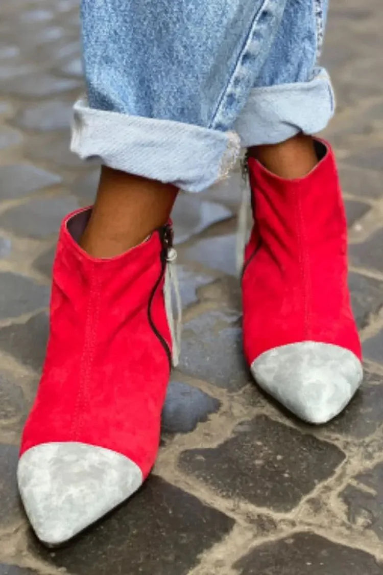 Yolande | Bottines Rouges en Suédine à Bout Contrasté et Zip