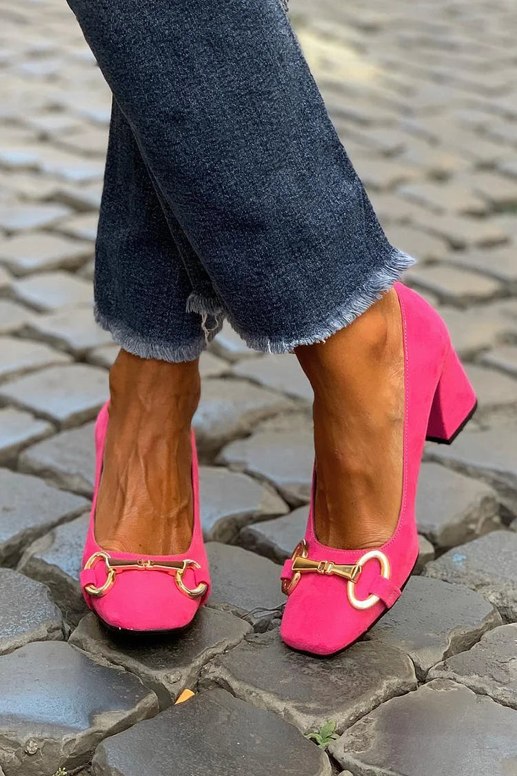 Chaussures à Talon Épais Unies à Boucle en Alliage et Bout Carré.