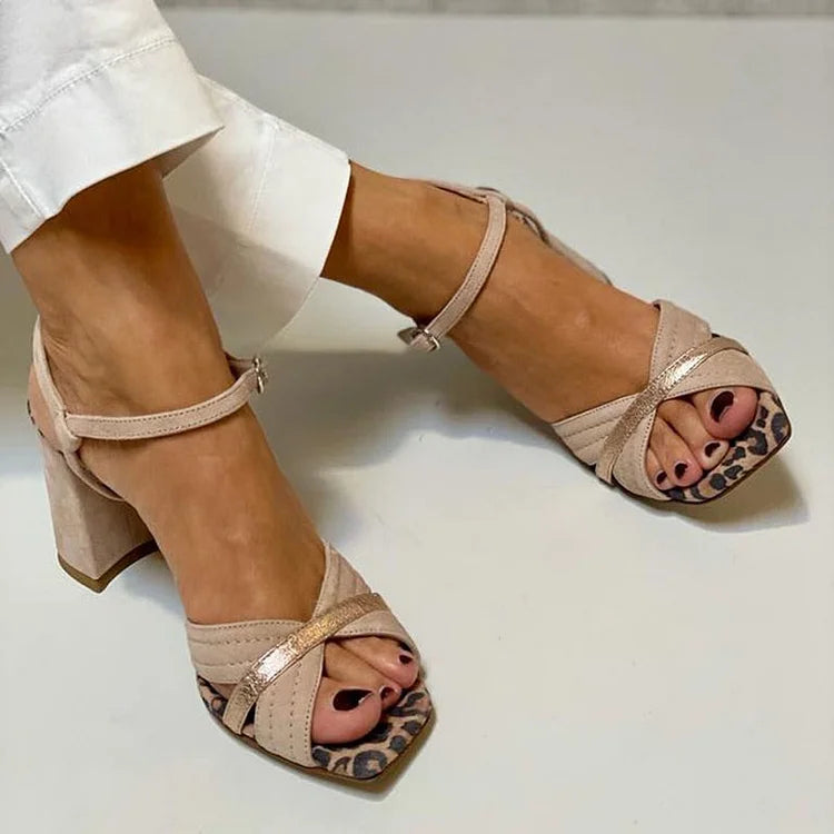 Talons larges peep toe patchwork à imprimé léopard Kaki