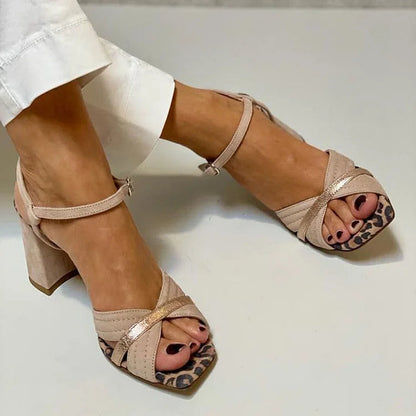 Talons larges peep toe patchwork à imprimé léopard Kaki