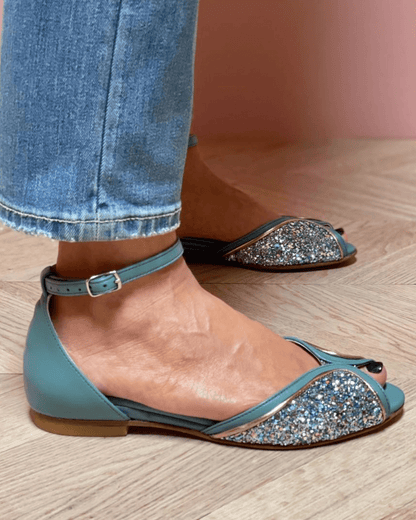 Sandales peep toe pailletées patchwork avec bride cheville et boucle