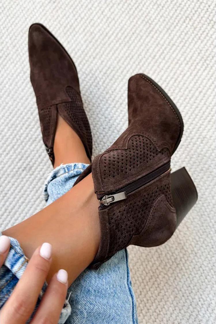 Annabelle | Bottes Marron Foncé Pointues Ajourées à Zip