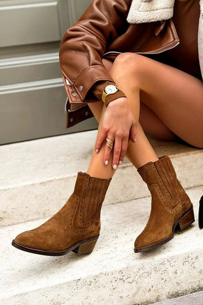 Louise | Bottes Mi-Mollet Marron Pointues en Patchwork