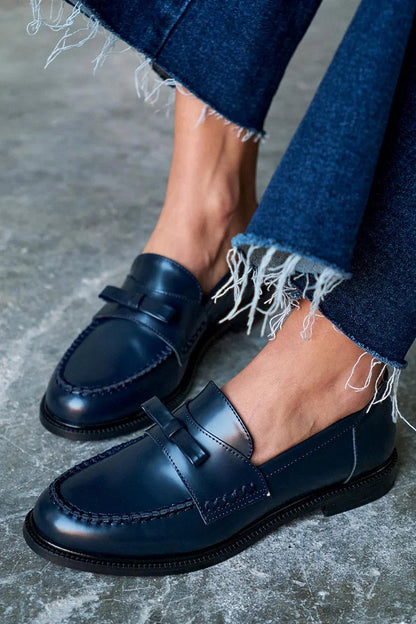 Mocassins patchwork Bleu Marine unis à bout rond avec nœud