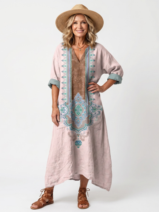 Gemma | Robe Midi Ample à Empiècements Brodés et Poches