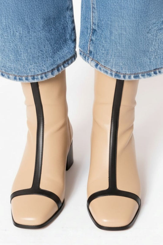 Sandrine | Bottines Abricot Patchwork à Bout Carré et Talon Épais