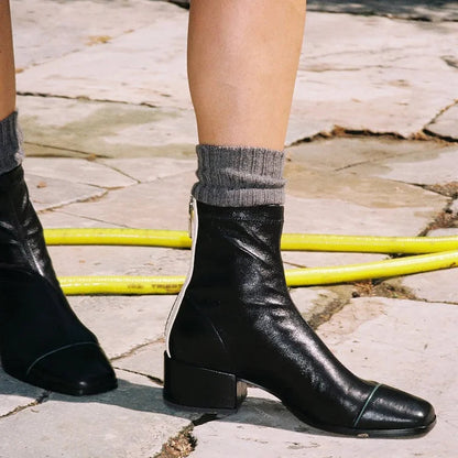 Bottines color block Noir à bout carré avec zip et petit talon bloc