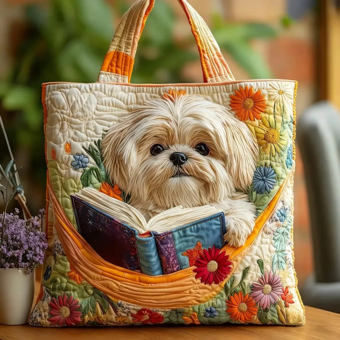 Aurora | Sac Matelassé Shih Tzu avec Livre et Fleurs