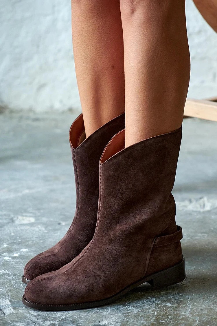Paule | Bottes Mi-Mollet Marron Foncé en Suédine Bout Rond