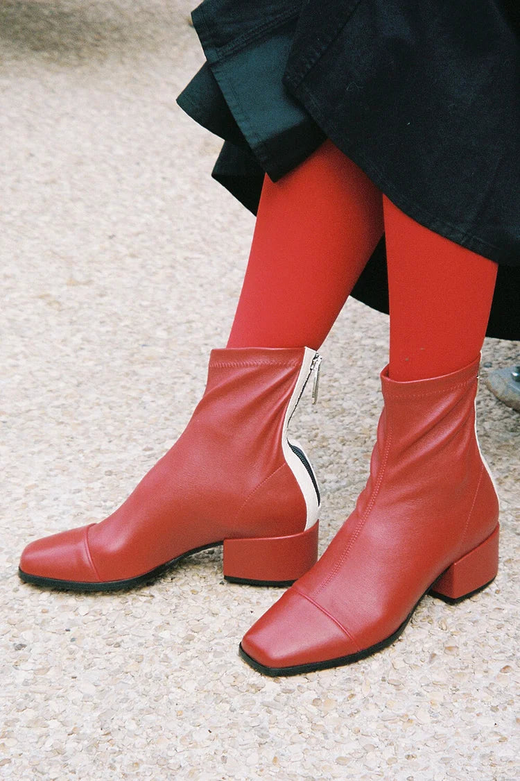 Lise | Bottes Rouges à Bout Carré, Zip et Talon Épais