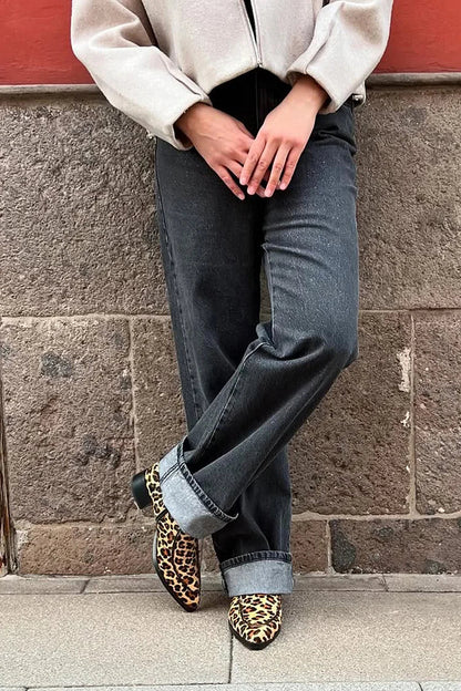 Léa | Bottes Beiges Léopard Pointues à Talon Épais