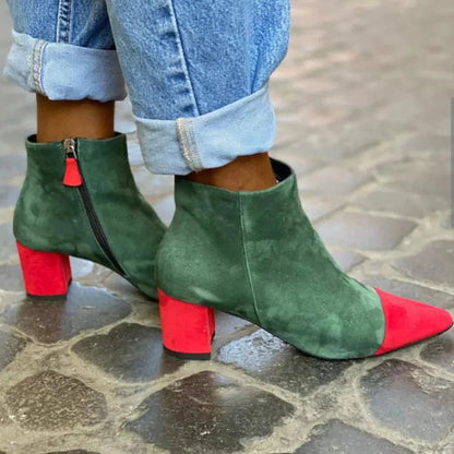 Bottes à talon large color block Vert, pointues, avec zip