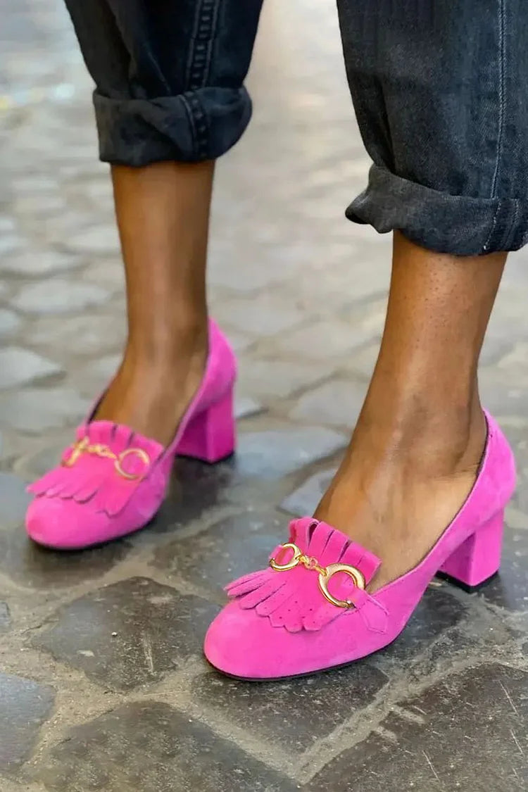 talons épais mats à boucle métallique, franges et bout rond.