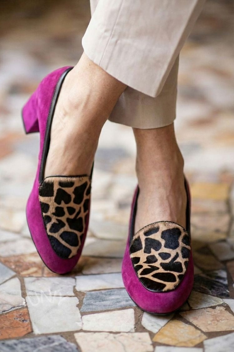 Flavie | Mocassins Fuchsia Imprimé Girafe à Talon Bloc