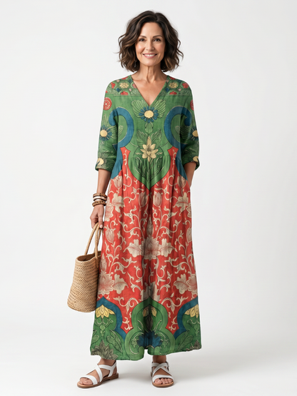 Fernanda | Robe Midi Imprimés Mixtes à Col en V