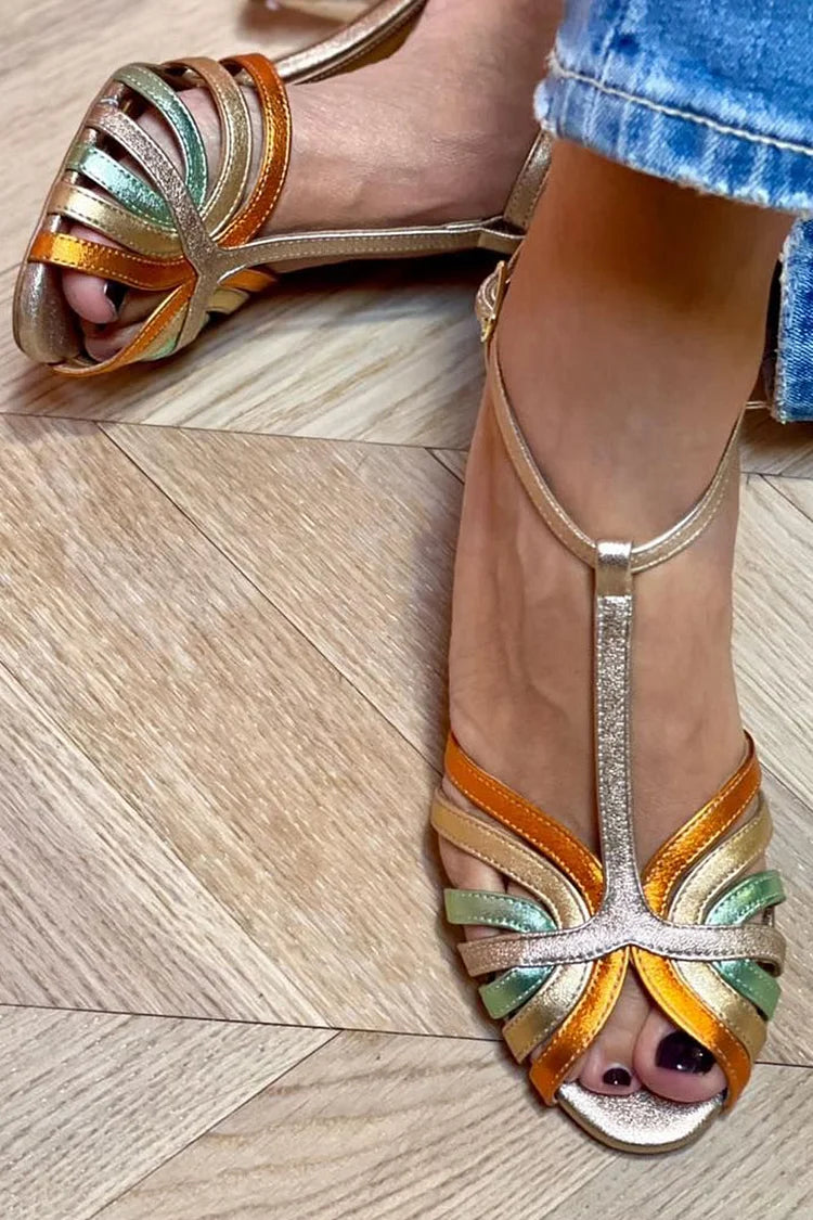 Talons aiguilles à découpes Multicolore et Or avec boucle et bride en T