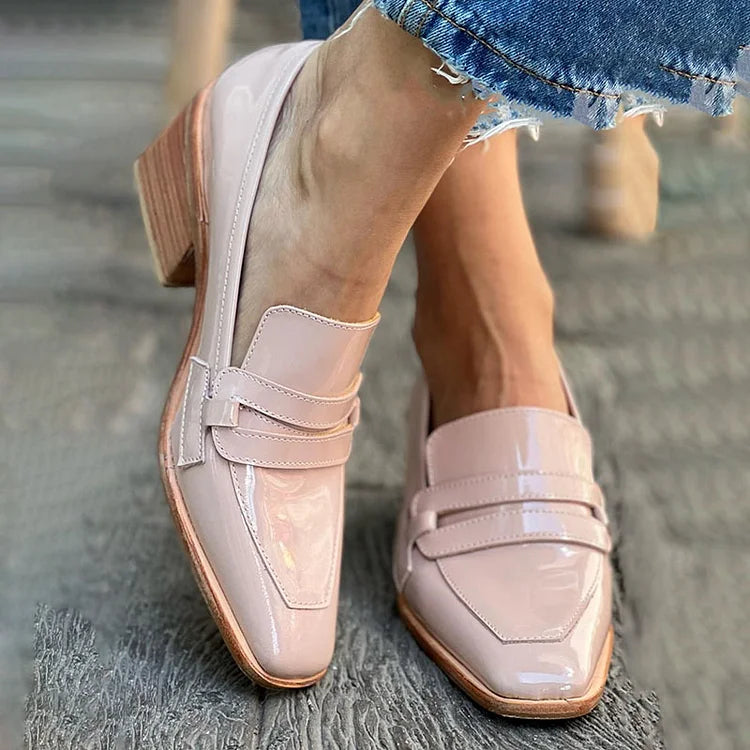 Mocassins chunky vernis Rose à bout carré en cuir