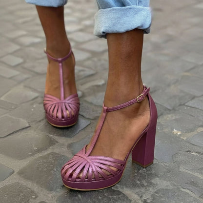 Sandales Violet à bout rond avec bride en T, plateforme et large talon bloc
