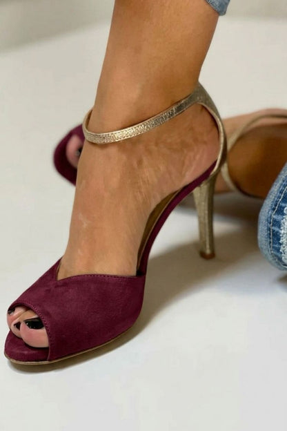 Talons aiguilles à bout ouvert pailletés avec bride cheville et boucle