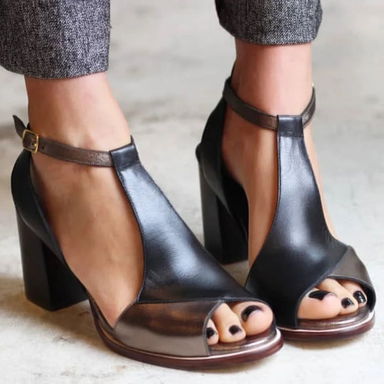 Talons larges peep toe patchwork Noir avec bride cheville