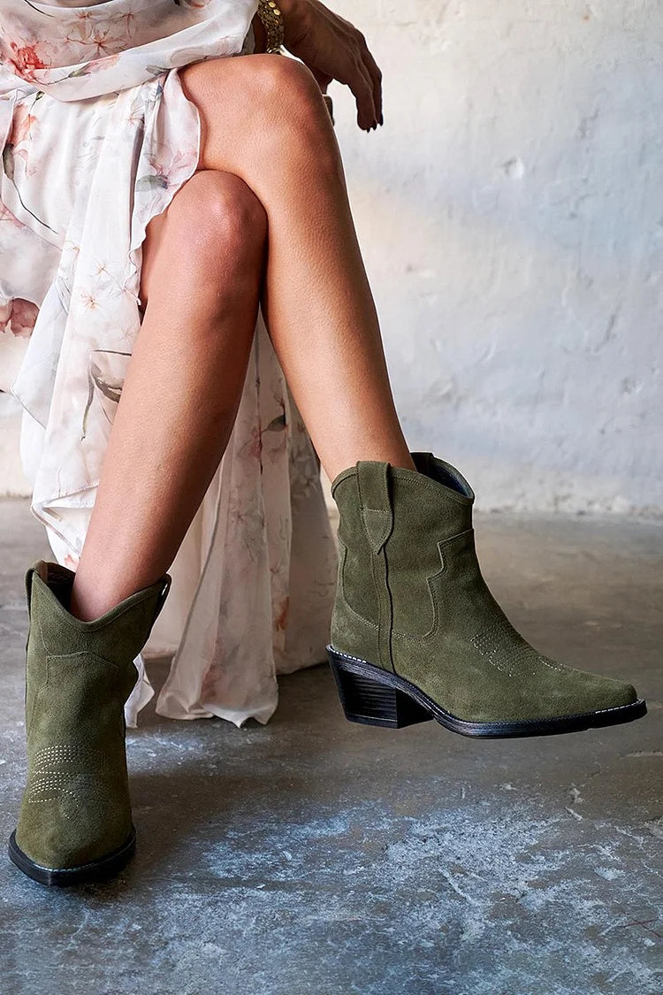 Hélène | Bottes Western Vertes Pointues à Surpiqûres