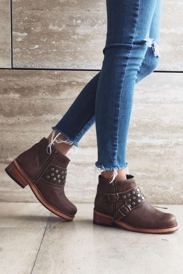 Juliette | Bottines Grises Cloutées à Zip et Talon Bloc