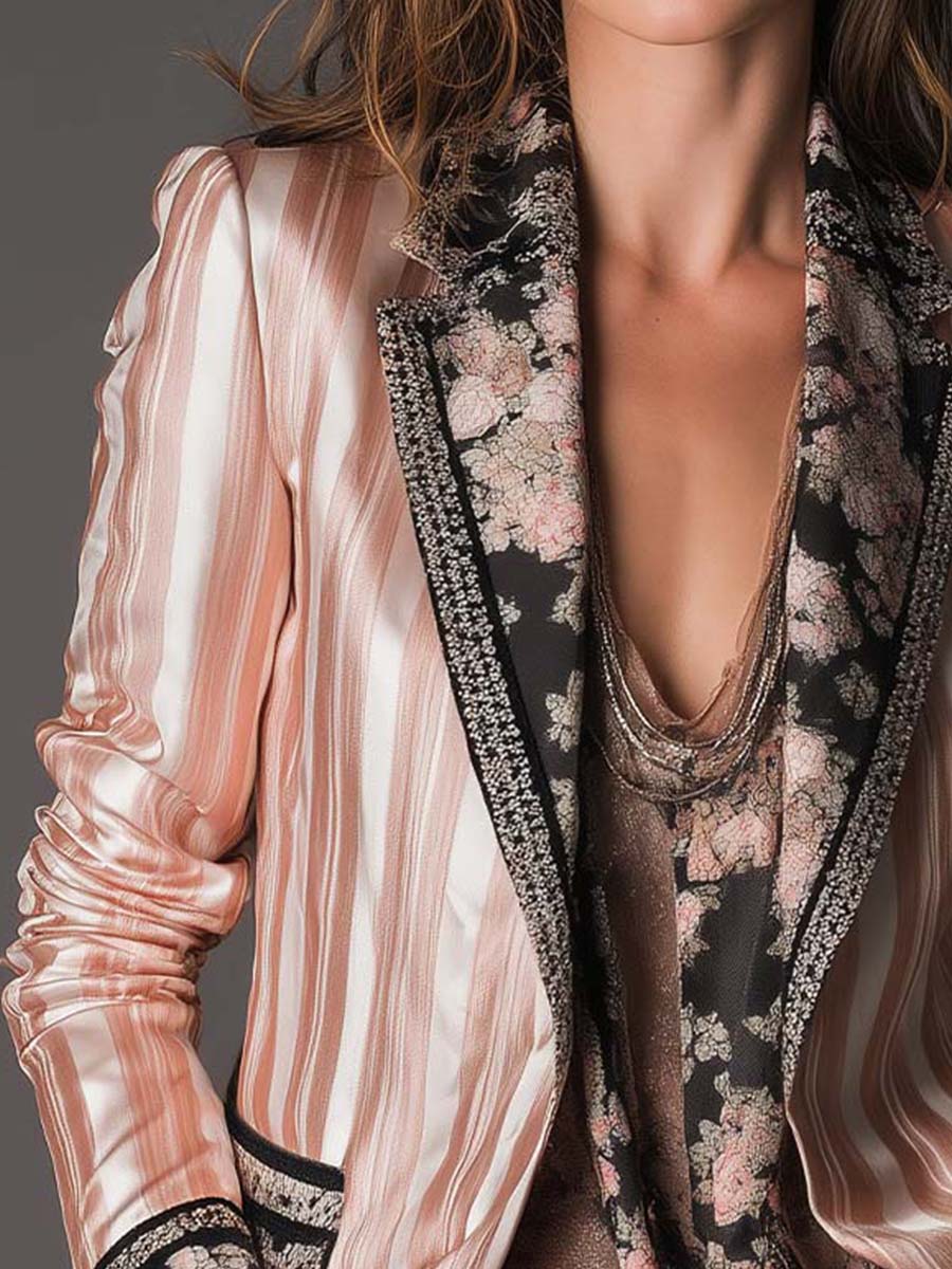 Athénaïs | Blazer Bohème Rayé Satiné à Doublure Fleurie
