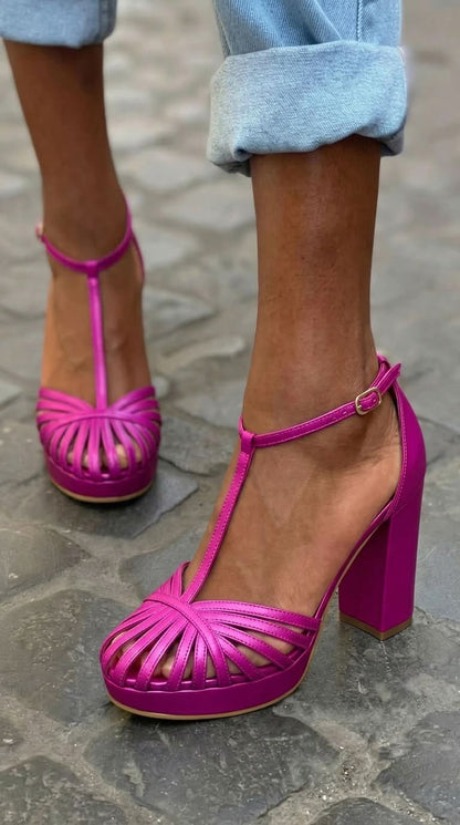 Sandales Violet à bout rond avec bride en T, plateforme et large talon bloc
