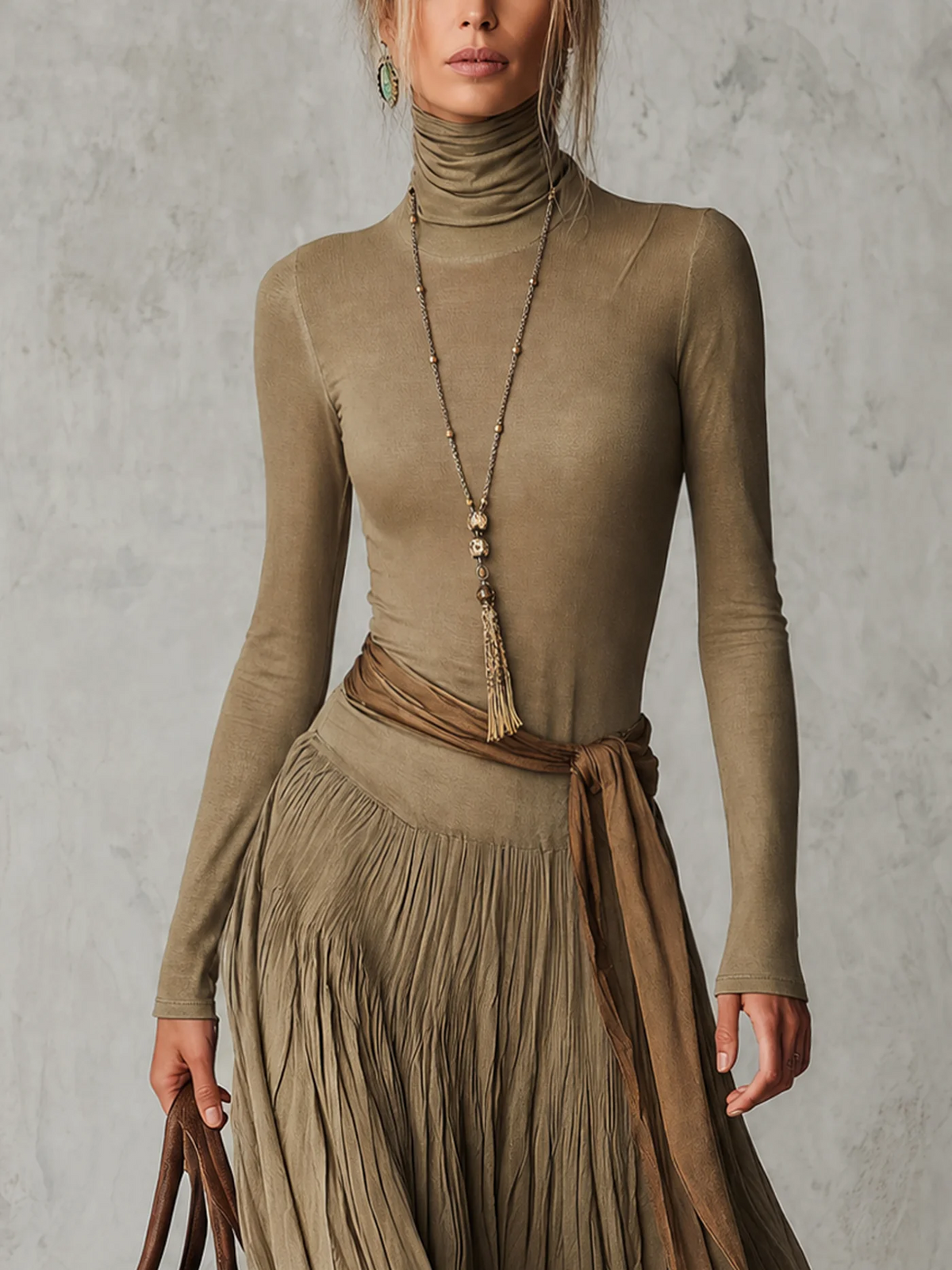 Júlia | Robe Longue Plissée Col Roulé à Lien